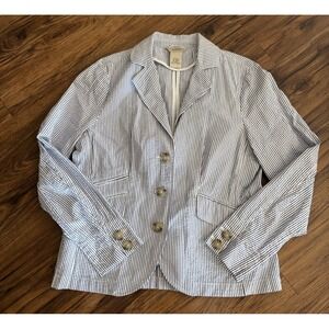 LL Bean Blazer Womens 12 Reg Blue White Seersucker Preppy Coastal 008g1 Stripes